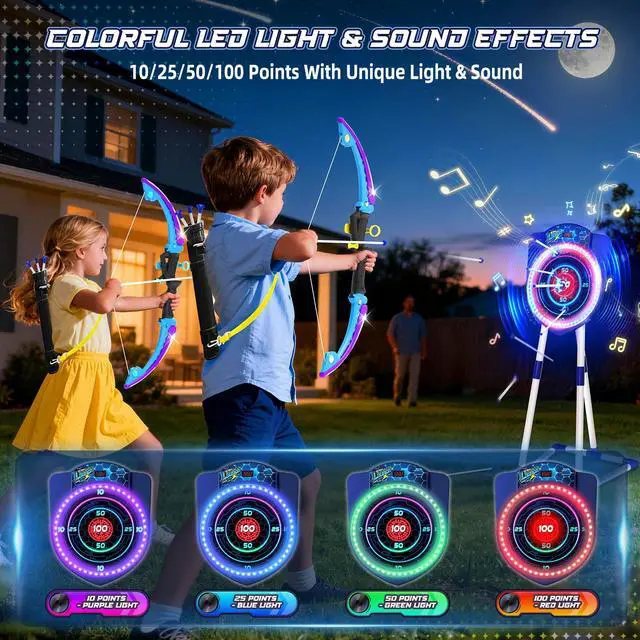 Alt view image 2 of 7 - 2 Pack LED Bow and Arrow for Kids with Auto Scoring, Light Up Archery Set with 10 Suction Cup Arrows, 2 Quivers, LED Archery Target, Indoor Outdoor Backyard Toy Gift