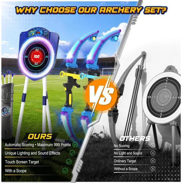 Alt view image 7 of 7 - 2 Pack LED Bow and Arrow for Kids with Auto Scoring, Light Up Archery Set with 10 Suction Cup Arrows, 2 Quivers, LED Archery Target, Indoor Outdoor Backyard Toy Gift