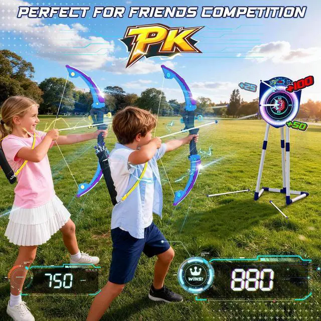 Alt view image 6 of 7 - 2 Pack LED Bow and Arrow for Kids with Auto Scoring, Light Up Archery Set with 10 Suction Cup Arrows, 2 Quivers, LED Archery Target, Indoor Outdoor Backyard Toy Gift