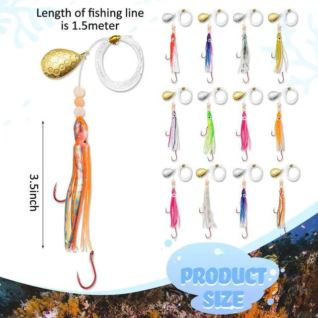 Alt view image 2 of 6 - 12/6 Pcs Squid Fishing Hoochies Glow Fresh Water Kokanee Salmon Trolling Lures with Pre-Rigged Octopus Hooks, Spinner Blades, Synthetic Skirts Kokanee Hoochies for Bass Salmon Trout
