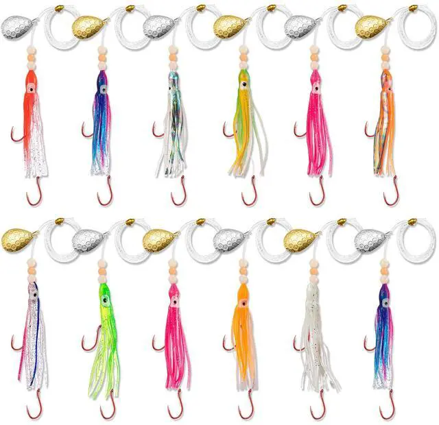 Main image of 12/6 Pcs Squid Fishing Hoochies Glow Fresh Water Kokanee Salmon Trolling Lures with Pre-Rigged Octopus Hooks, Spinner Blades, Synthetic Skirts Kokanee Hoochies for Bass Salmon Trout