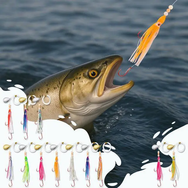 Alt view image 4 of 6 - 12/6 Pcs Squid Fishing Hoochies Glow Fresh Water Kokanee Salmon Trolling Lures with Pre-Rigged Octopus Hooks, Spinner Blades, Synthetic Skirts Kokanee Hoochies for Bass Salmon Trout