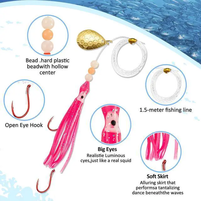 Alt view image 3 of 6 - 12/6 Pcs Squid Fishing Hoochies Glow Fresh Water Kokanee Salmon Trolling Lures with Pre-Rigged Octopus Hooks, Spinner Blades, Synthetic Skirts Kokanee Hoochies for Bass Salmon Trout