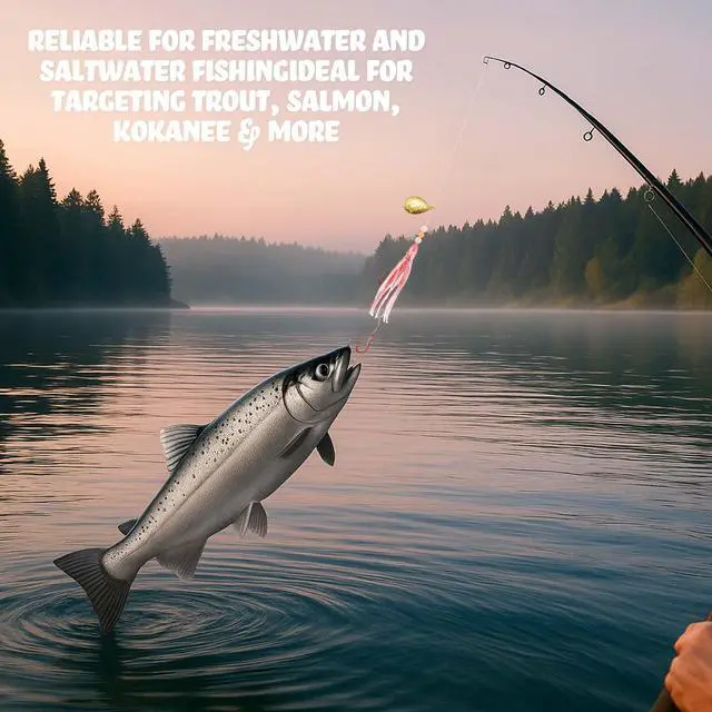 Alt view image 5 of 6 - 12/6 Pcs Squid Fishing Hoochies Glow Fresh Water Kokanee Salmon Trolling Lures with Pre-Rigged Octopus Hooks, Spinner Blades, Synthetic Skirts Kokanee Hoochies for Bass Salmon Trout
