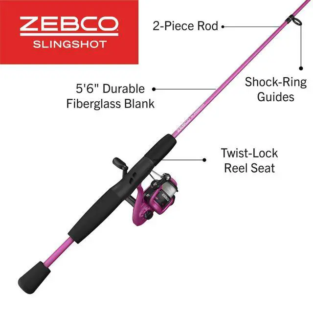 Alt view image 2 of 7 - Slingshot Spinning Reel and Fishing Rod Combo, 2-Piece Medium-Light Durable Fiberglass Rod, Comfortable EVA Handle, Pre-Spooled with 8-Pound Cajun Fishing Line