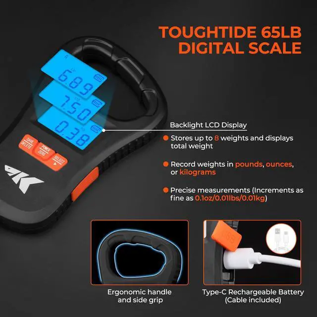 Alt view image 2 of 7 - ToughTide Fishing Scale, USB Charging, 65lb Capacity, Ultra-Thin Digital Fish Scale, LCD Display, Ergonomic Handle, Fish Scales Digital Weight, Fishing Accessories for Men