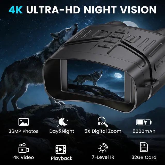 Alt view image 2 of 7 - Night Vision Goggles for Adults, 4K Night Vision Binoculars with 5000mAh Rechargeable Battery and 32GB TF Card for Hunting, Wildlife Observation and Security