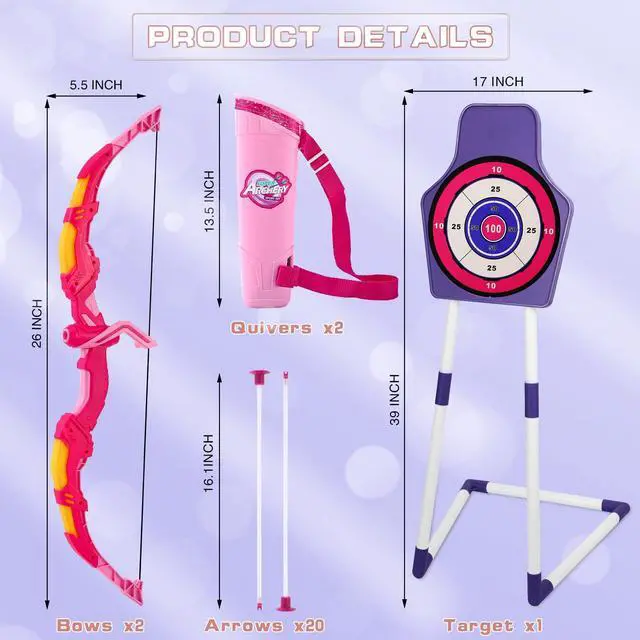 Alt view image 6 of 7 - Bow and Arrow Set Girl Toys: 2 Pack LED Light Up Archery Set with 20 Suction Cup Arrows, Birthday Gift for Girls 5 6 7 8 9 10 11 12 Year Old, Outdoor Activities Toys Essentials for Kids Aged 4-8 8-12