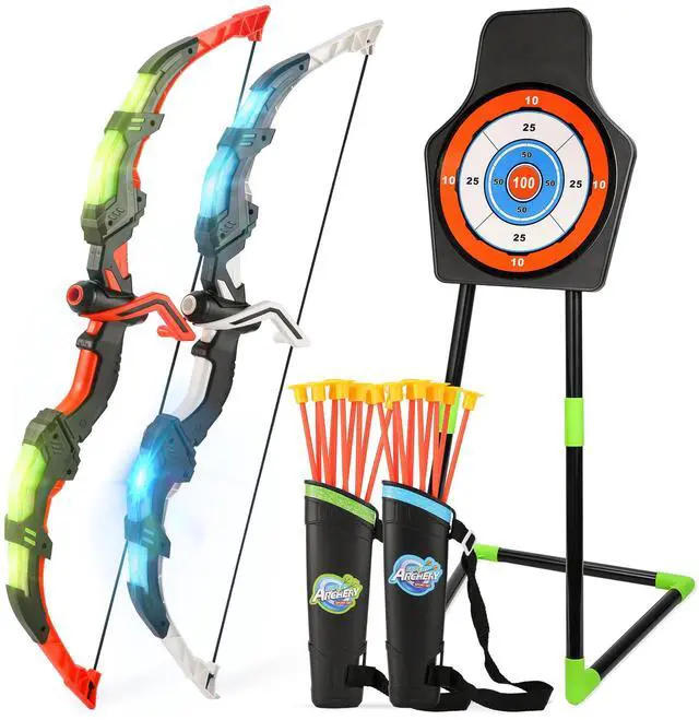 Main image of Bow and Arrow Set for Kids, 2-Pack LED Light Up Archery Set with 20 Suction Cup Arrows, Indoor and Outdoor Toy for Boys Girls Age 4-8 8-12 with Standing Target&2 Quivers, Birthday Gift 3-12 Years Old