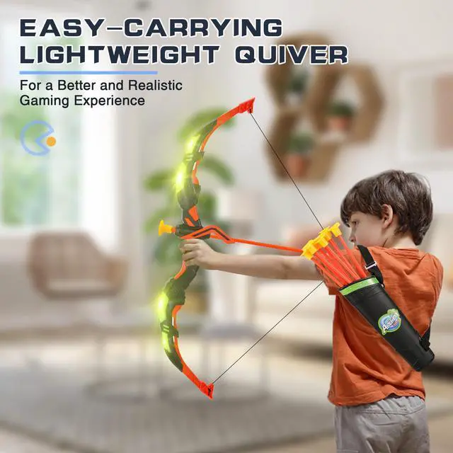 Alt view image 4 of 7 - Bow and Arrow Set for Kids, 2-Pack LED Light Up Archery Set with 20 Suction Cup Arrows, Indoor and Outdoor Toy for Boys Girls Age 4-8 8-12 with Standing Target&2 Quivers, Birthday Gift 3-12 Years Old