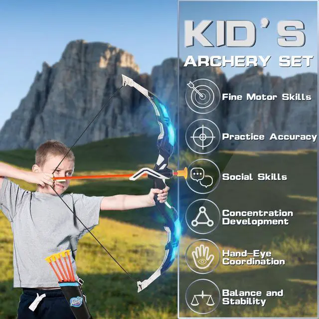 Alt view image 5 of 7 - Bow and Arrow Set for Kids, 2-Pack LED Light Up Archery Set with 20 Suction Cup Arrows, Indoor and Outdoor Toy for Boys Girls Age 4-8 8-12 with Standing Target&2 Quivers, Birthday Gift 3-12 Years Old