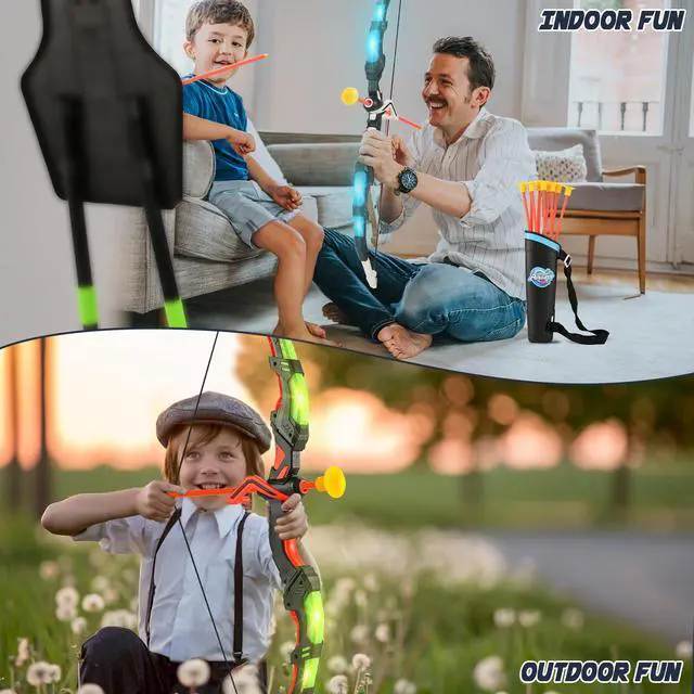 Alt view image 6 of 7 - Bow and Arrow Set for Kids, 2-Pack LED Light Up Archery Set with 20 Suction Cup Arrows, Indoor and Outdoor Toy for Boys Girls Age 4-8 8-12 with Standing Target&2 Quivers, Birthday Gift 3-12 Years Old
