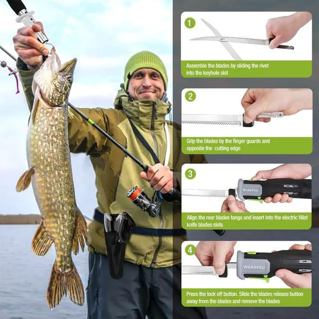 Alt view image 7 of 7 - 12V Cordless Electric Fillet Knife with 8" & 10" Razor-Sharp Blades, Non-Slip Grip Handle, Safety Lock, 2 Rechargeable Batteries, Quick Battery Charger & Carry Case for Fishing and Filleting