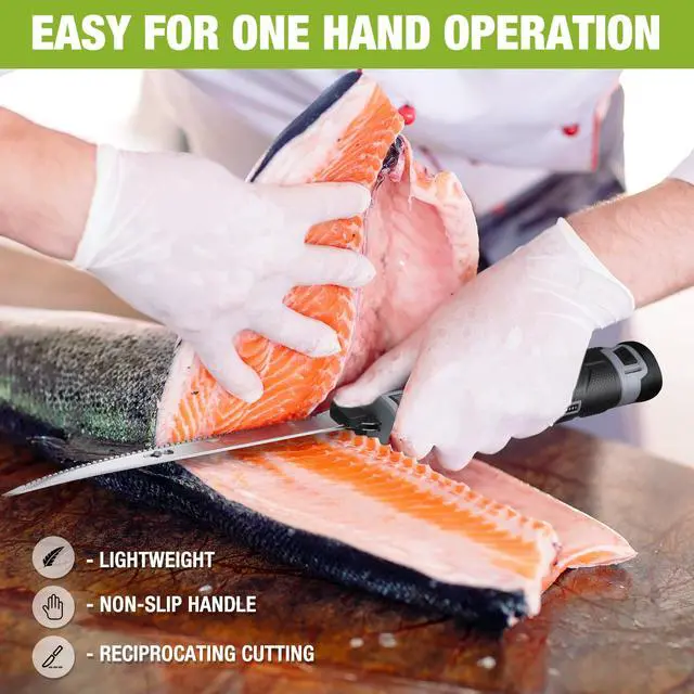 Alt view image 6 of 7 - 12V Cordless Electric Fillet Knife with 8" & 10" Razor-Sharp Blades, Non-Slip Grip Handle, Safety Lock, 2 Rechargeable Batteries, Quick Battery Charger & Carry Case for Fishing and Filleting