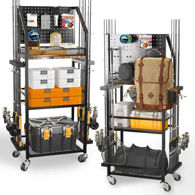 Main image of Fishing Rod Holders for Garage, 3-Tier Fishing Pole Rack with Pegboard and Metal Mesh Fence, Fishing Gear Organizer with Hooks Up to 12 Rods, Rolling Fishing Storage Cart with Lockable Wheels