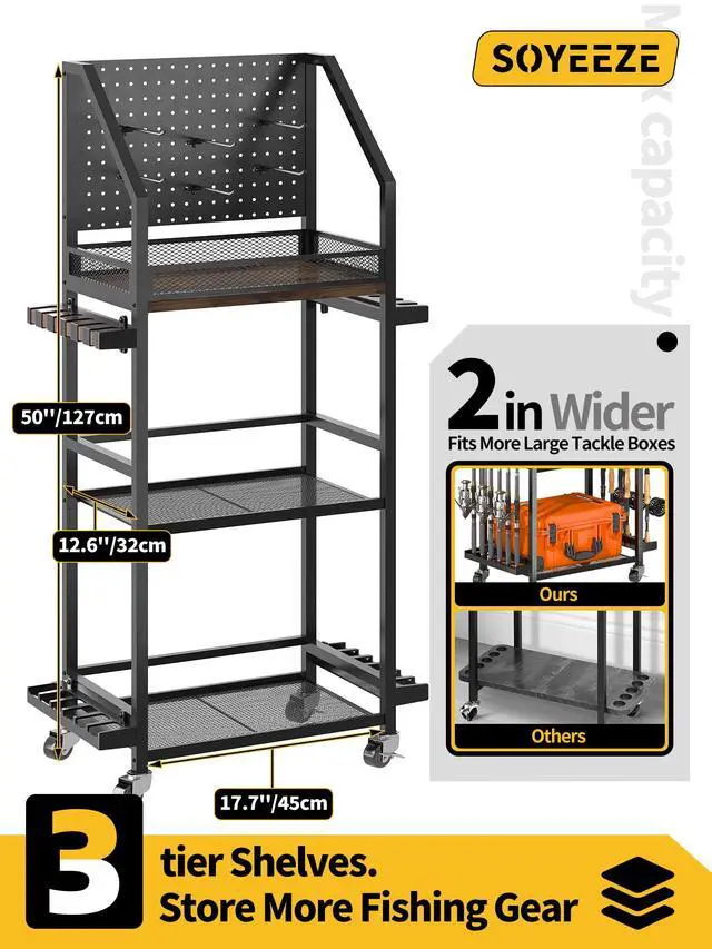 Alt view image 2 of 7 - Fishing Rod Holders for Garage, 3-Tier Fishing Pole Rack with Pegboard and Metal Mesh Fence, Fishing Gear Organizer with Hooks Up to 12 Rods, Rolling Fishing Storage Cart with Lockable Wheels