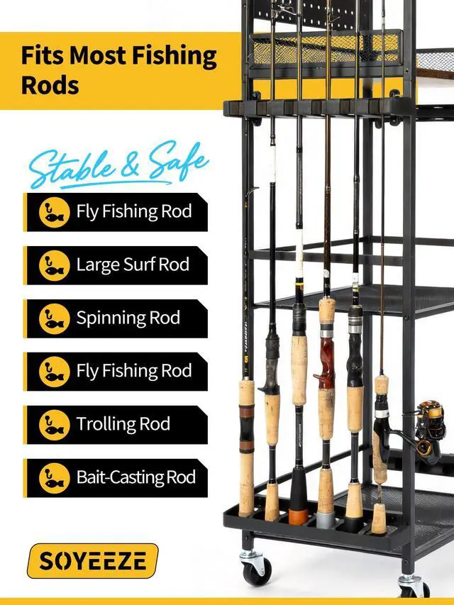 Alt view image 6 of 7 - Fishing Rod Holders for Garage with Pegboard and Lockable Wheels, 3-Tier Fishing Pole Rack with 10 Hooks, Fishing Gear Tackle Box Organizer Up to 12 Rods, Rolling Fishing Storage Cart