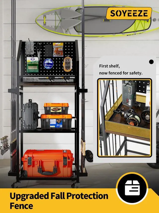 Alt view image 7 of 7 - Fishing Rod Holders for Garage, 3-Tier Fishing Pole Rack with Pegboard and Metal Mesh Fence, Fishing Gear Organizer with Hooks Up to 12 Rods, Rolling Fishing Storage Cart with Lockable Wheels