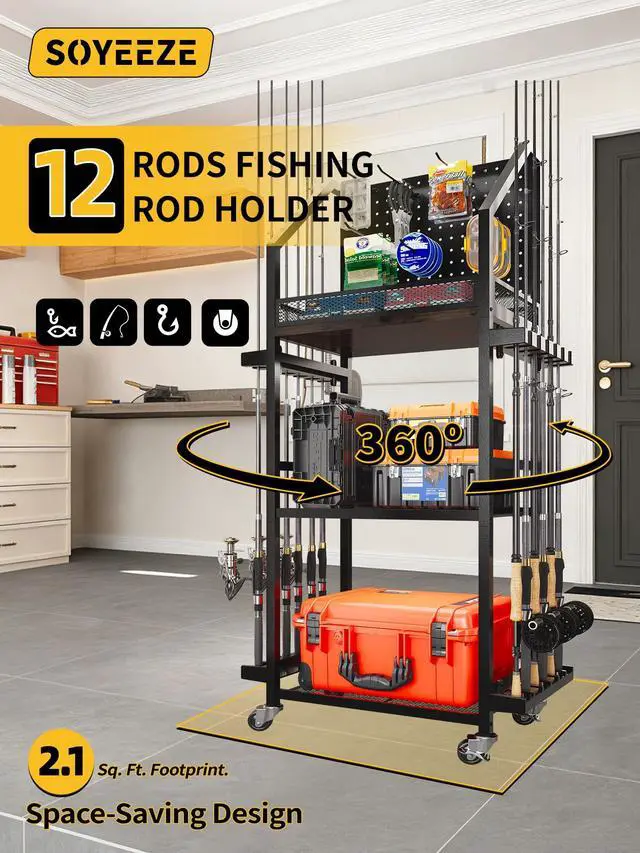 Alt view image 4 of 7 - Fishing Rod Holders for Garage, 3-Tier Fishing Pole Rack with Pegboard and Metal Mesh Fence, Fishing Gear Organizer with Hooks Up to 12 Rods, Rolling Fishing Storage Cart with Lockable Wheels