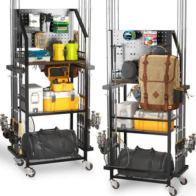 Main image of Fishing Rod Holders for Garage with Pegboard and Lockable Wheels, 3-Tier Fishing Pole Rack with 10 Hooks, Fishing Gear Tackle Box Organizer Up to 12 Rods, Rolling Fishing Storage Cart