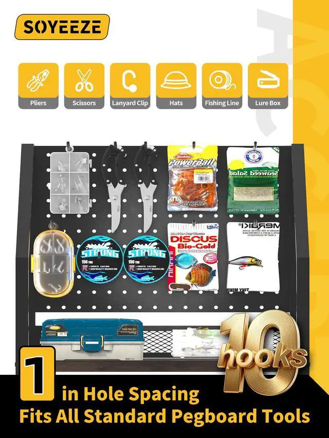 Alt view image 3 of 7 - Fishing Rod Holders for Garage with Pegboard and Lockable Wheels, 3-Tier Fishing Pole Rack with 10 Hooks, Fishing Gear Tackle Box Organizer Up to 12 Rods, Rolling Fishing Storage Cart