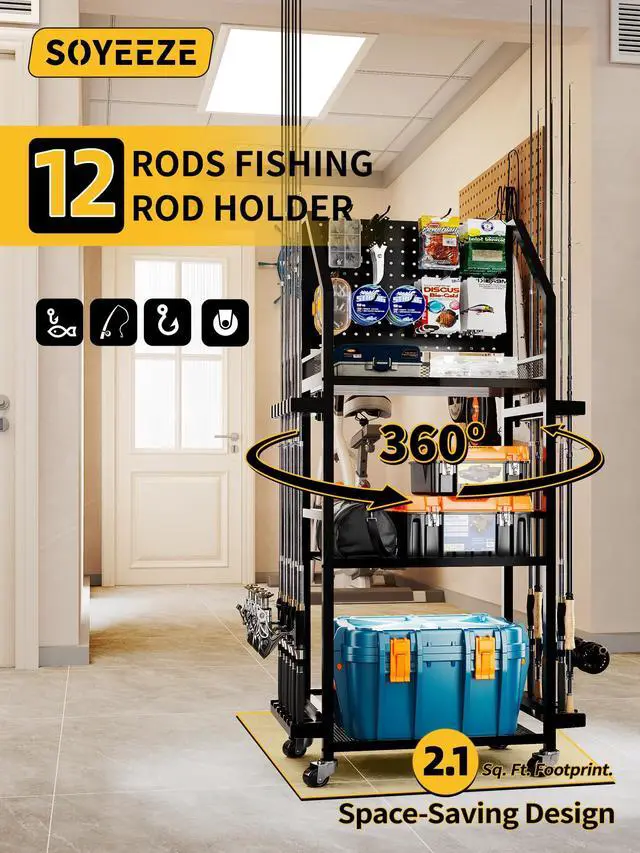 Alt view image 4 of 7 - Fishing Rod Holders for Garage with Pegboard and Lockable Wheels, 3-Tier Fishing Pole Rack with 10 Hooks, Fishing Gear Tackle Box Organizer Up to 12 Rods, Rolling Fishing Storage Cart