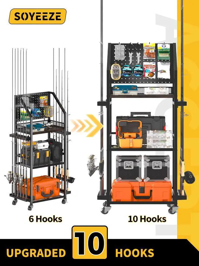 Alt view image 7 of 7 - Fishing Rod Holders for Garage with Pegboard and Lockable Wheels, 3-Tier Fishing Pole Rack with 10 Hooks, Fishing Gear Tackle Box Organizer Up to 12 Rods, Rolling Fishing Storage Cart