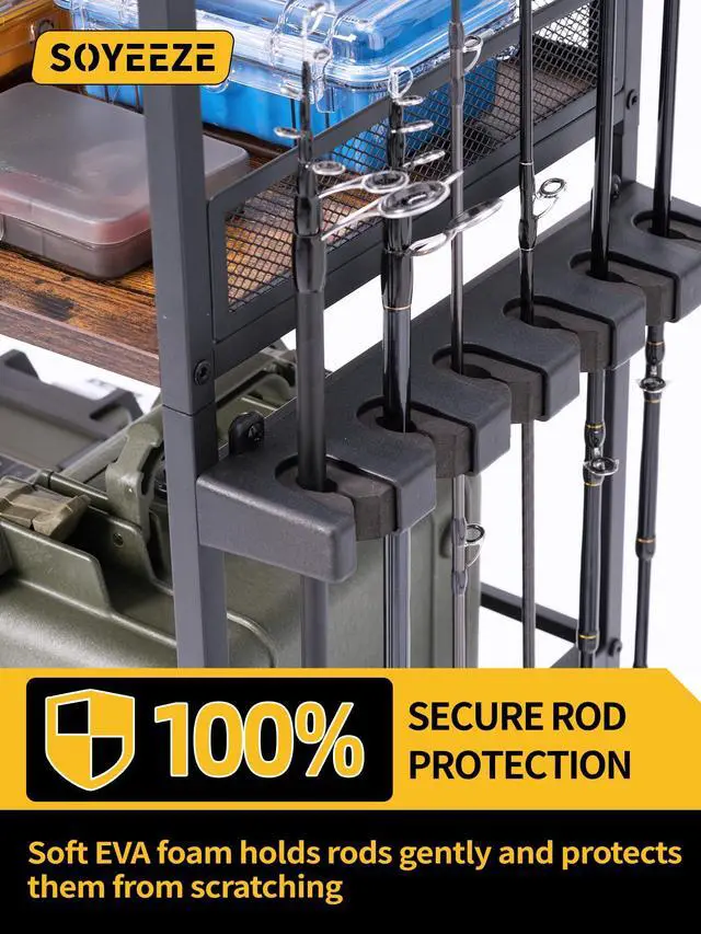 Alt view image 5 of 7 - Fishing Rod Holders for Garage with Pegboard and Lockable Wheels, 3-Tier Fishing Pole Rack with 10 Hooks, Fishing Gear Tackle Box Organizer Up to 12 Rods, Rolling Fishing Storage Cart