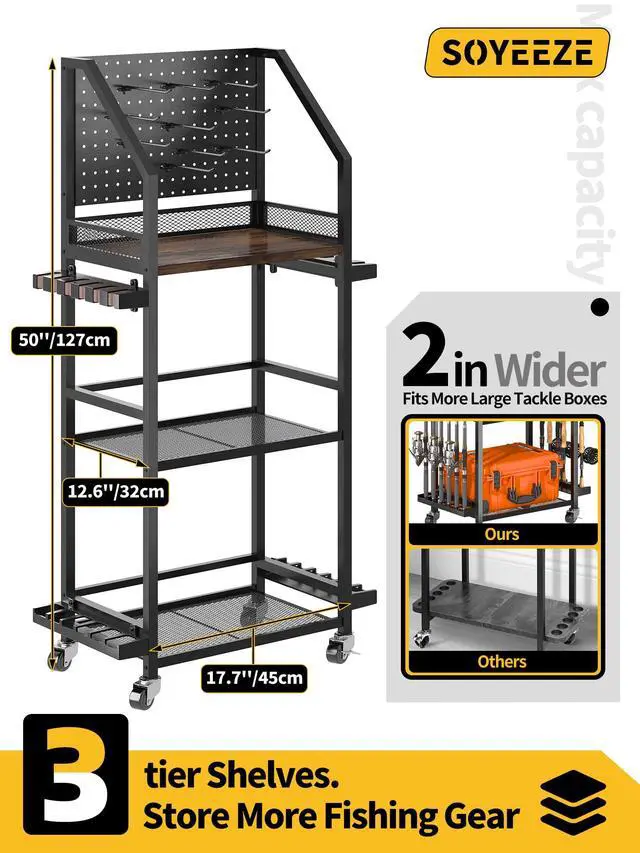 Alt view image 2 of 7 - Fishing Rod Holders for Garage with Pegboard and Lockable Wheels, 3-Tier Fishing Pole Rack with 10 Hooks, Fishing Gear Tackle Box Organizer Up to 12 Rods, Rolling Fishing Storage Cart