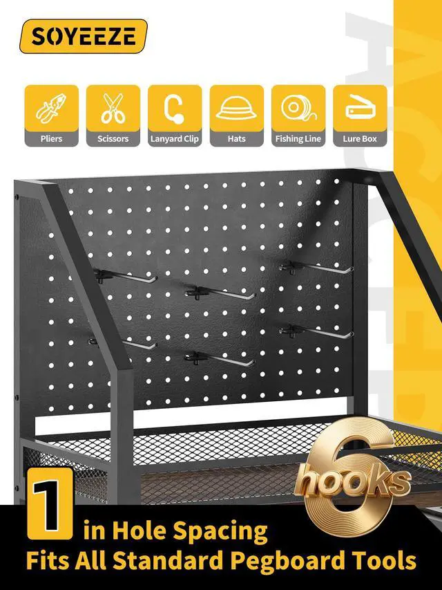 Alt view image 3 of 7 - Fishing Rod Holders for Garage, 3-Tier Fishing Pole Rack with Pegboard and Metal Mesh Fence, Fishing Gear Organizer with Hooks Up to 12 Rods, Rolling Fishing Storage Cart with Lockable Wheels