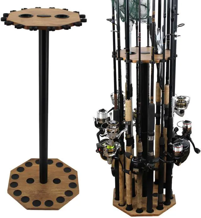 Main image of 16-Rod Round Fishing Rod Holder for Garage, 360° Access Fishing Pole Holder for Fishing Rods, Reels, Gear, and Accessories, Securely Holds 16 Rods, Wood Grain