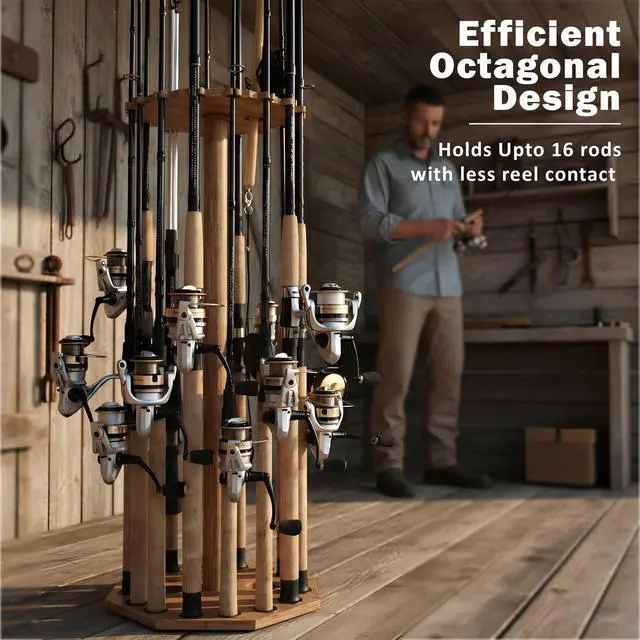 Alt view image 2 of 7 - 16-Rod Round Fishing Rod Holder for Garage, 360° Access Fishing Pole Holder for Fishing Rods, Reels, Gear, and Accessories, Securely Holds 16 Rods, Wood Grain