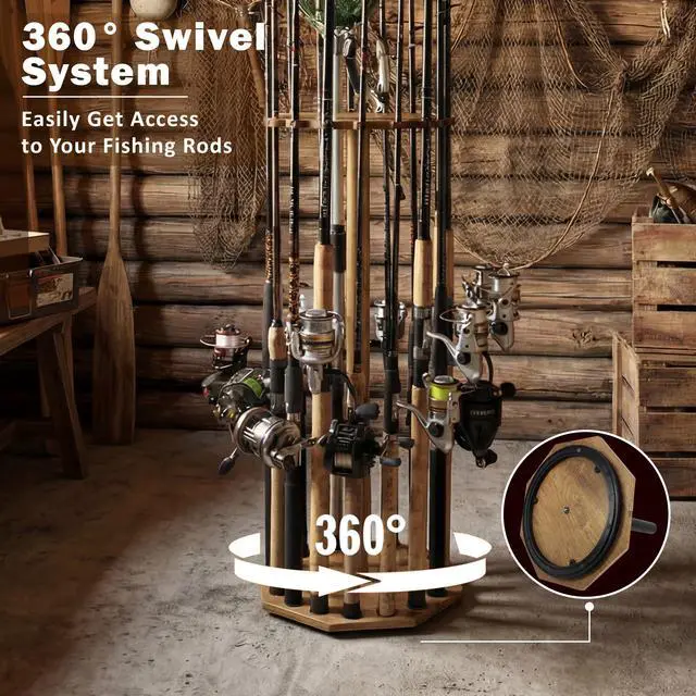 Alt view image 3 of 7 - 16-Rod Round Fishing Rod Holder for Garage, 360° Access Fishing Pole Holder for Fishing Rods, Reels, Gear, and Accessories, Securely Holds 16 Rods, Wood Grain