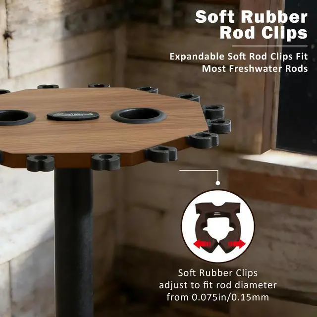 Alt view image 5 of 7 - 16-Rod Round Fishing Rod Holder for Garage, 360° Access Fishing Pole Holder for Fishing Rods, Reels, Gear, and Accessories, Securely Holds 16 Rods, Wood Grain