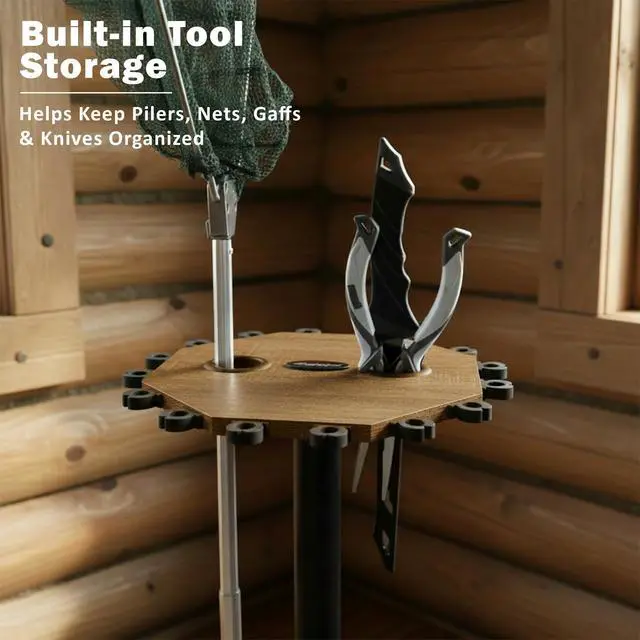 Alt view image 6 of 7 - 16-Rod Round Fishing Rod Holder for Garage, 360° Access Fishing Pole Holder for Fishing Rods, Reels, Gear, and Accessories, Securely Holds 16 Rods, Wood Grain