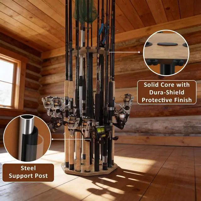 Alt view image 4 of 7 - 16-Rod Round Fishing Rod Holder for Garage, 360° Access Fishing Pole Holder for Fishing Rods, Reels, Gear, and Accessories, Securely Holds 16 Rods, Wood Grain
