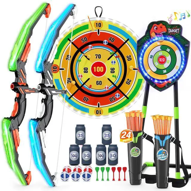 Main image of 2 Pack Kids Bow and Arrow with 29" Large Dart Board, LED Light Up Archery Set with 24 Suction Cup Arrows, Indoor Outdoor Sport Toys Gifts for 3 4 5 6 7 8 9 10 11 12 Year Old Boys Girls