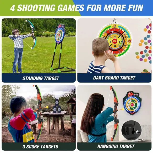 Alt view image 2 of 7 - 2 Pack Kids Bow and Arrow with 29" Large Dart Board, LED Light Up Archery Set with 24 Suction Cup Arrows, Indoor Outdoor Sport Toys Gifts for 3 4 5 6 7 8 9 10 11 12 Year Old Boys Girls