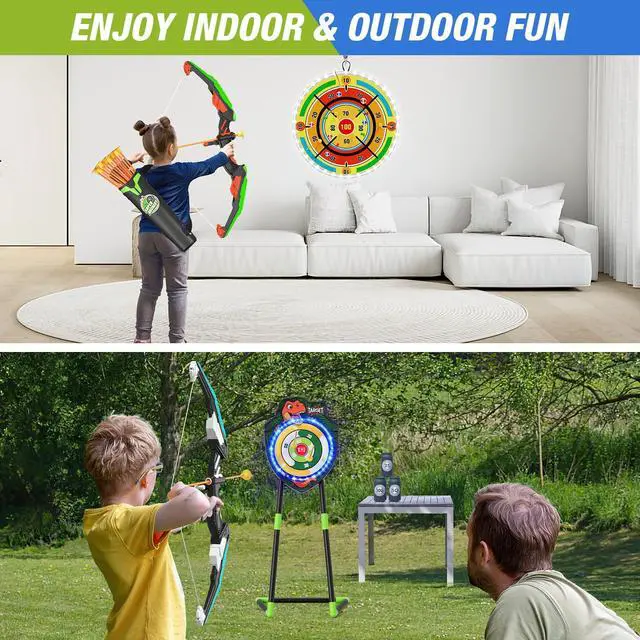 Alt view image 3 of 7 - 2 Pack Kids Bow and Arrow with 29" Large Dart Board, LED Light Up Archery Set with 24 Suction Cup Arrows, Indoor Outdoor Sport Toys Gifts for 3 4 5 6 7 8 9 10 11 12 Year Old Boys Girls