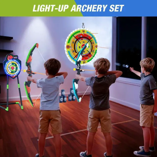 Alt view image 4 of 7 - 2 Pack Kids Bow and Arrow with 29" Large Dart Board, LED Light Up Archery Set with 24 Suction Cup Arrows, Indoor Outdoor Sport Toys Gifts for 3 4 5 6 7 8 9 10 11 12 Year Old Boys Girls