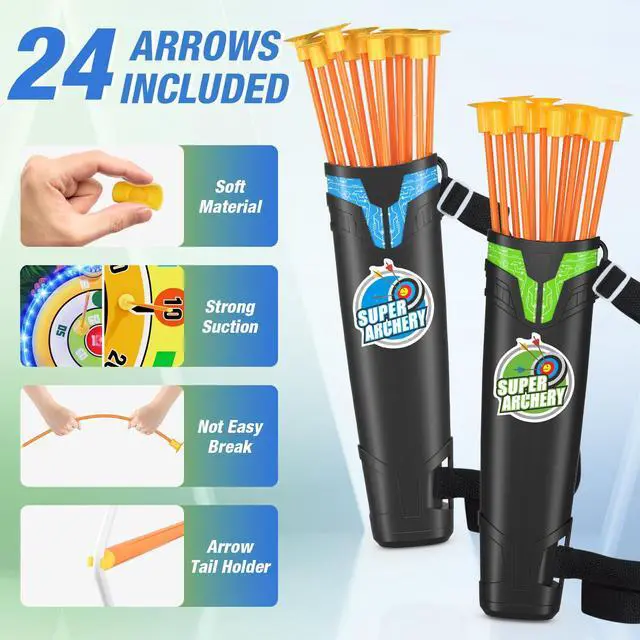 Alt view image 5 of 7 - 2 Pack Kids Bow and Arrow with 29" Large Dart Board, LED Light Up Archery Set with 24 Suction Cup Arrows, Indoor Outdoor Sport Toys Gifts for 3 4 5 6 7 8 9 10 11 12 Year Old Boys Girls