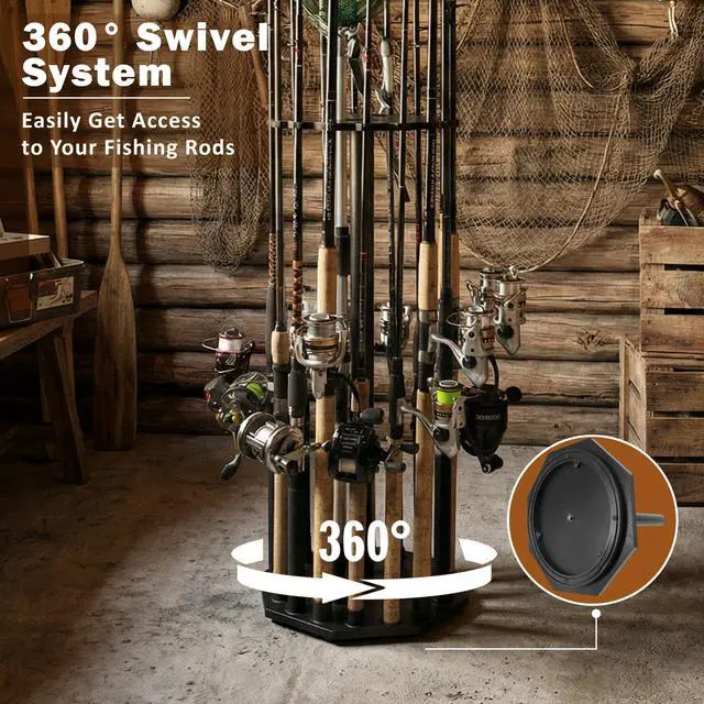 Alt view image 3 of 7 - 16-Rod Round Fishing Rod Holder for Garage, 360° Access Fishing Pole Holder for Fishing Rods, Reels, Gear, and Accessories, Securely Holds 16 Rods, Black