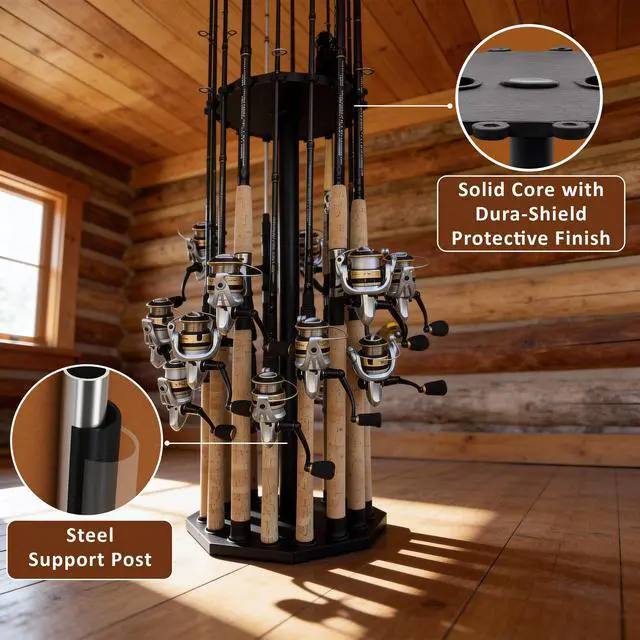 Alt view image 4 of 7 - 16-Rod Round Fishing Rod Holder for Garage, 360° Access Fishing Pole Holder for Fishing Rods, Reels, Gear, and Accessories, Securely Holds 16 Rods, Black