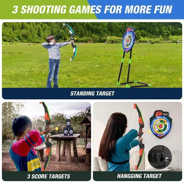 Alt view image 2 of 7 - 2 Pack Kids Bow and Arrow, LED Light Up Archery Set with 24 Suction Cup Arrows, Indoor Outdoor Sport Dinosaur Toys Gifts for 3 4 5 6 7 8 9 10 11 12 Year Old Boys Girls