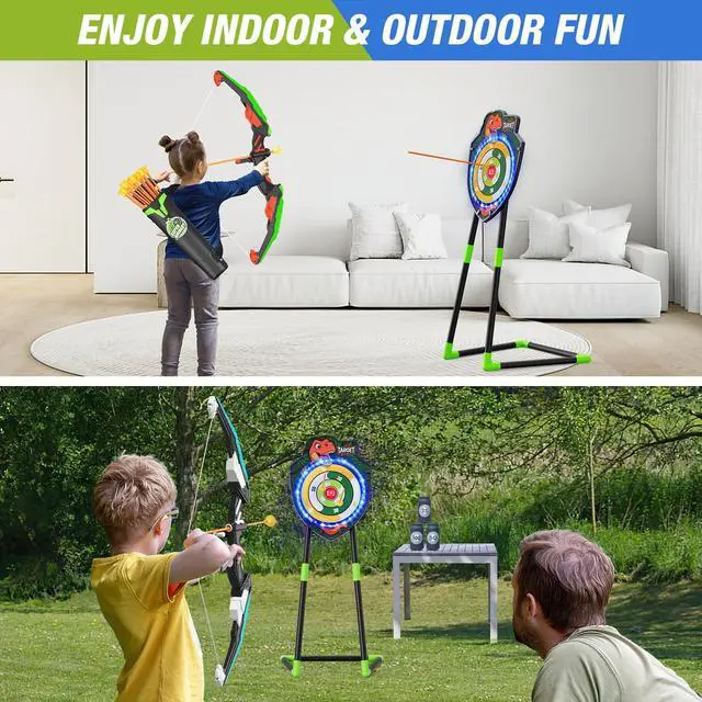 Alt view image 3 of 7 - 2 Pack Kids Bow and Arrow, LED Light Up Archery Set with 24 Suction Cup Arrows, Indoor Outdoor Sport Dinosaur Toys Gifts for 3 4 5 6 7 8 9 10 11 12 Year Old Boys Girls