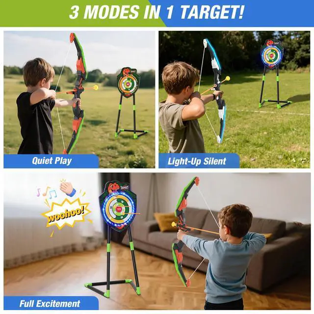 Alt view image 4 of 7 - 2 Pack Kids Bow and Arrow, LED Light Up Archery Set with 24 Suction Cup Arrows, Indoor Outdoor Sport Dinosaur Toys Gifts for 3 4 5 6 7 8 9 10 11 12 Year Old Boys Girls