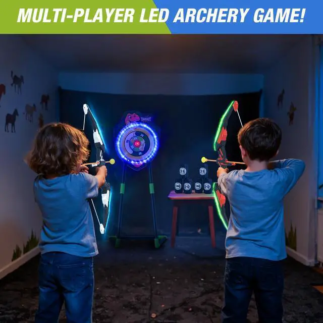 Alt view image 5 of 7 - 2 Pack Kids Bow and Arrow, LED Light Up Archery Set with 24 Suction Cup Arrows, Indoor Outdoor Sport Dinosaur Toys Gifts for 3 4 5 6 7 8 9 10 11 12 Year Old Boys Girls