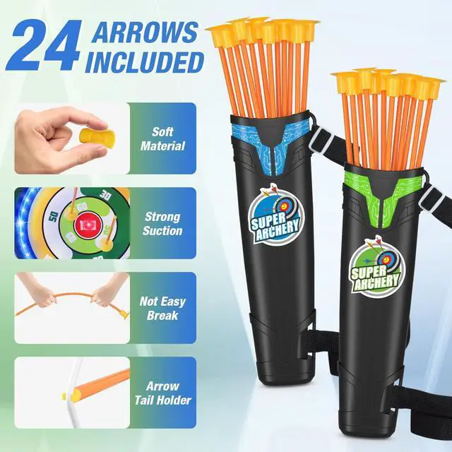 Alt view image 6 of 7 - 2 Pack Kids Bow and Arrow, LED Light Up Archery Set with 24 Suction Cup Arrows, Indoor Outdoor Sport Dinosaur Toys Gifts for 3 4 5 6 7 8 9 10 11 12 Year Old Boys Girls
