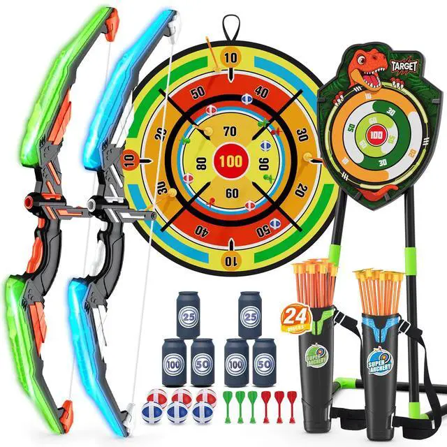 Main image of 2 Pack Kids Bow and Arrow with 29" Large Dart Board, LED Light Up Archery Set with 24 Suction Cup Arrows, Indoor Outdoor Sport Toys Gifts for 3 4 5 6 7 8 9 10 11 12 Year Old Boys Girls