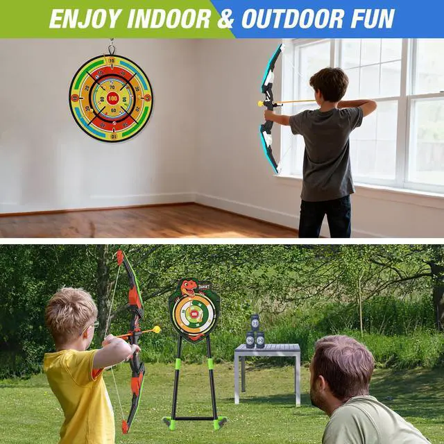 Alt view image 6 of 7 - 2 Pack Kids Bow and Arrow with 29" Large Dart Board, LED Light Up Archery Set with 24 Suction Cup Arrows, Indoor Outdoor Sport Toys Gifts for 3 4 5 6 7 8 9 10 11 12 Year Old Boys Girls